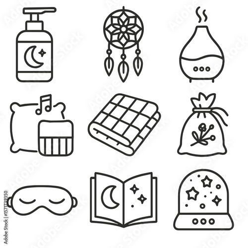 Bedtime Essentials Icons. Outline style icons of Bedtime Tools and Products: calming night lotion, dreamcatcher, essential oil