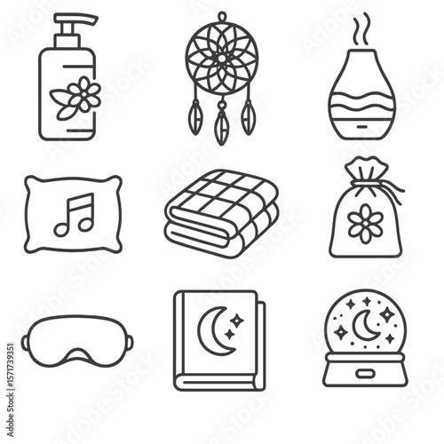 Bedtime Essentials Icons. Outline style icons of Bedtime Tools and Products: calming night lotion, dreamcatcher, essential oil