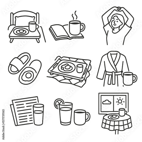 Lazy Sunday Icons. Outline style icons of Lazy Sunday Brunch: brunch in bed, book and coffee, relaxed stretch, slippers by plate,