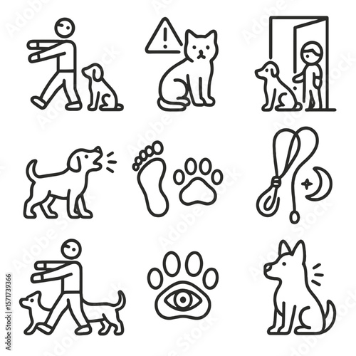 Sleepwalking Pets Icons. Outline style icons of Sleepwalking and Pets: dog waking up to sleepwalker, cat alert symbol, pet