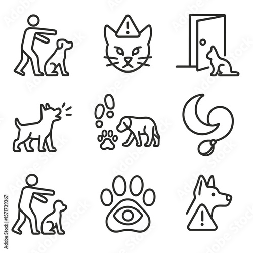 Sleepwalking Pets Icons. Outline style icons of Sleepwalking and Pets: dog waking up to sleepwalker, cat alert symbol, pet