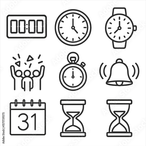 Countdown Icon Collection. Outline style icons of Countdown and Time: digital countdown timer, midnight clock, ticking watch,