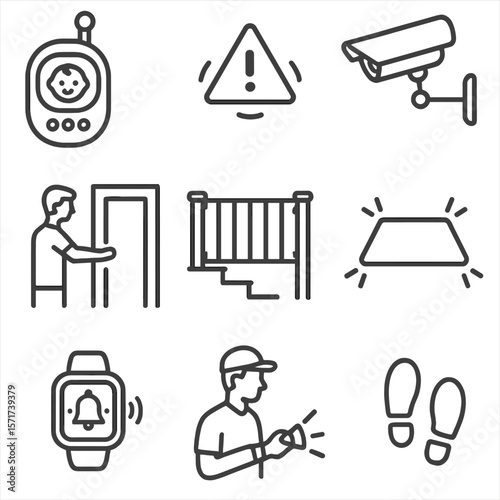 Parental Supervision Icons. Outline style icons of Parental Supervision Tools: baby monitor, motion alert icon, hallway nightcam,