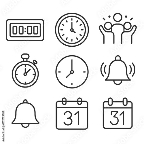 Countdown Icon Collection. Outline style icons of Countdown and Time: digital countdown timer, midnight clock, ticking watch,