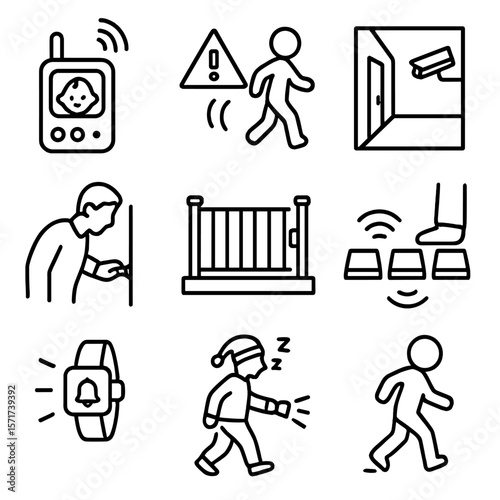 Parental Supervision Icons. Outline style icons of Parental Supervision Tools: baby monitor, motion alert icon, hallway nightcam,