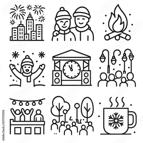 Outdoor Winter Festivity Icons. Outline style icons of Outdoor Celebration: city skyline with fireworks, friends in winter clothes