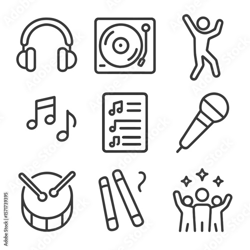 Music and Dance Icons. Outline style icons of Music and Dance: DJ headphones, record player, dancing silhouette, music notes