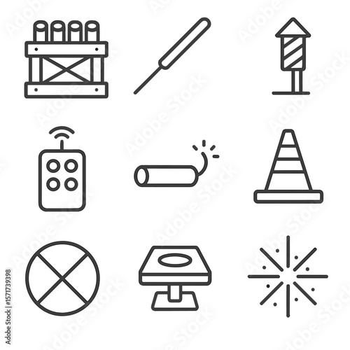 New Year Fireworks Icons. Outline style icons of New Year Fireworks Setup: firework crate, ignition tool, rocket on stand, remote