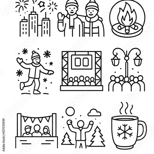 Outdoor Winter Festivity Icons. Outline style icons of Outdoor Celebration: city skyline with fireworks, friends in winter clothes
