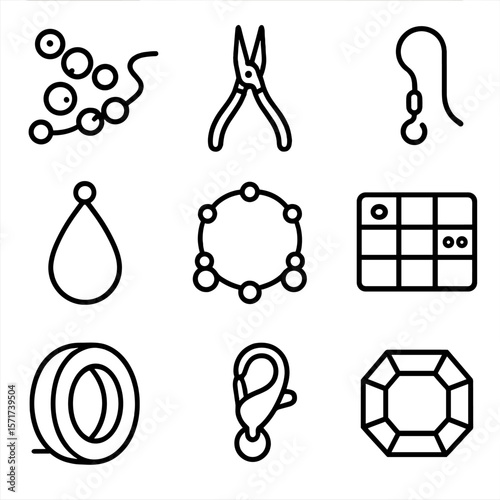 Jewelry Making Icons. Outline style icons of Jewelry Making: beads and string, pliers tool, earring hook, pendant outline, charm