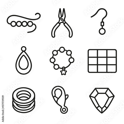 Jewelry Making Icons. Outline style icons of Jewelry Making: beads and string, pliers tool, earring hook, pendant outline, charm