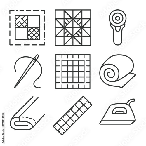 Quilting Icons Collection. Outline style icons of Quilting and Patchwork: fabric patch icon, quilt block, rotary cutter, quilting