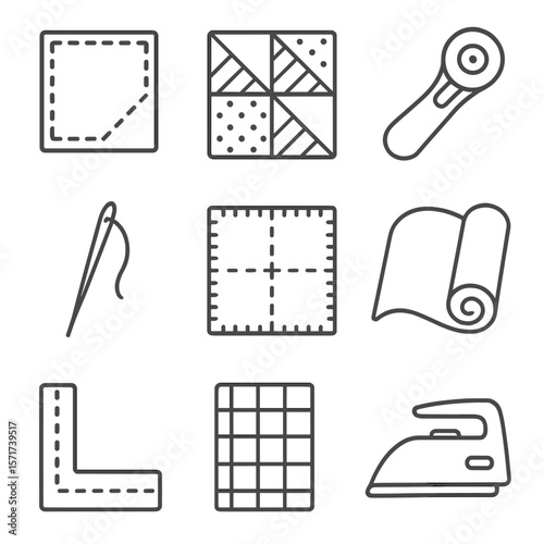 Quilting Icons Collection. Outline style icons of Quilting and Patchwork: fabric patch icon, quilt block, rotary cutter, quilting