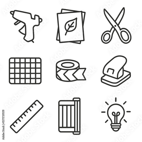 Craft Icons Collection. Outline style icons of DIY Craft Projects: hot glue gun, handmade paper, craft scissors, cutting mat,