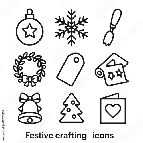 Festive Crafting Icons. Outline style icons of Festive Crafting: holiday ornament making, paper snowflake, pumpkin carving tool,