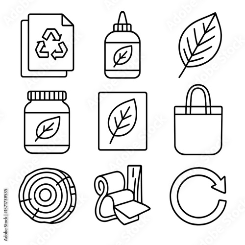 Eco Craft Icons. Outline style icons of Eco-Friendly Crafts: recycled paper, biodegradable glue, leaf print, natural dye jar,