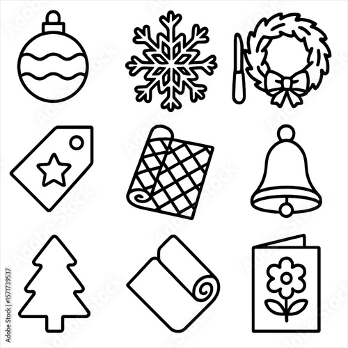 Festive Crafting Icons. Outline style icons of Festive Crafting: holiday ornament making, paper snowflake, pumpkin carving tool,