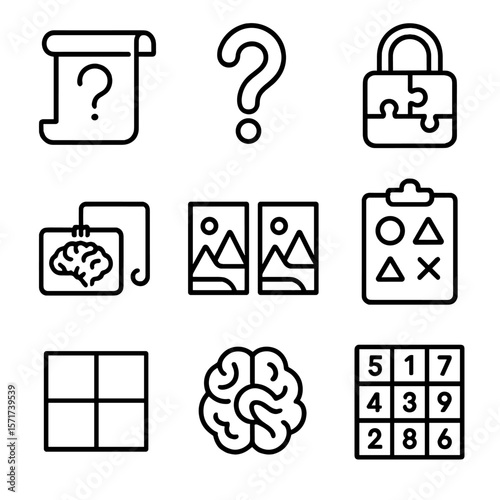 Brain Teaser Icons. Outline style icons of Brain Teasers Silhouette: riddle scroll, tricky question mark, puzzle lock, mental trap