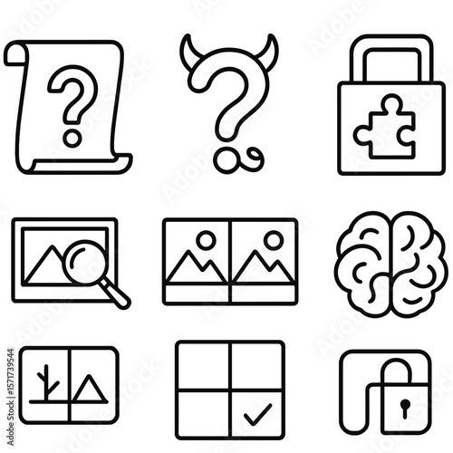 Brain Teaser Icons. Outline style icons of Brain Teasers Silhouette: riddle scroll, tricky question mark, puzzle lock, mental trap