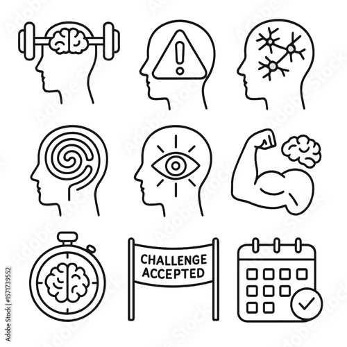 Brain Fitness Icons. Outline style icons of Brain Fitness Silhouette: lifting brain dumbbell, alert icon, neurons firing, memory