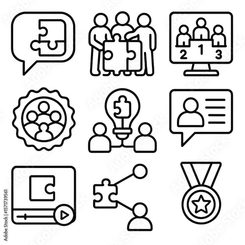 Puzzle Community Icons. Outline style icons of Puzzle Community Silhouette: chat bubble puzzle, team solving icon, online