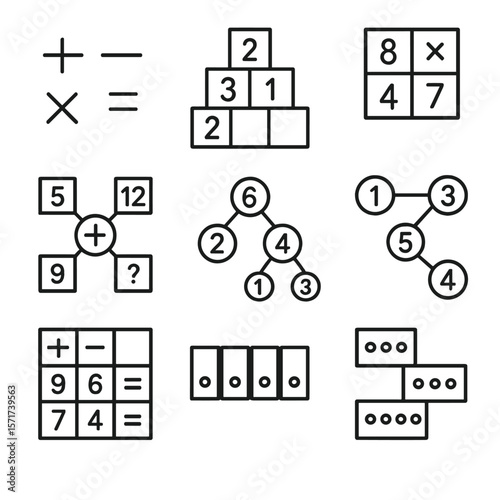 Mathematical Puzzle Icons. Outline style icons of Mathematical Puzzles Silhouette: equation symbol, number pyramid, math blocks,