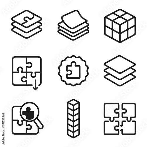 3D Puzzle Icons. Outline style icons of Multilayer Puzzles Silhouette: stack puzzle icon, layer peel effect, 3D block puzzle,