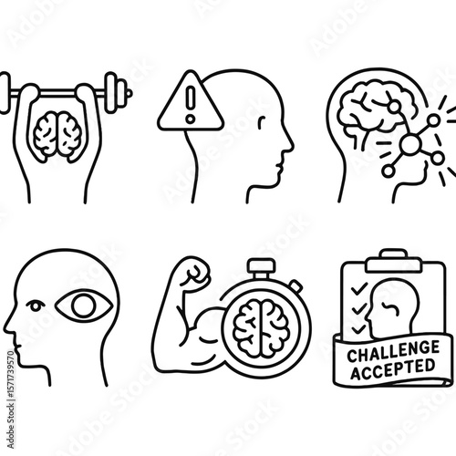 Brain Fitness Icons. Outline style icons of Brain Fitness Silhouette: lifting brain dumbbell, alert icon, neurons firing, memory