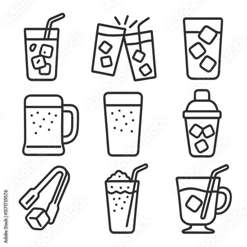 Iced Beverage Icons. Outline style icons of Iced Beverage Silhouette: iced latte glass, clinking iced drinks, glass with ice cubes
