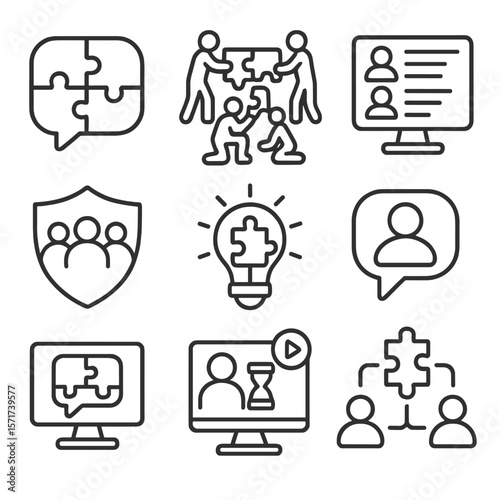 Puzzle Community Icons. Outline style icons of Puzzle Community Silhouette: chat bubble puzzle, team solving icon, online