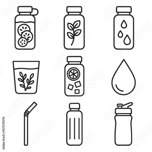 Infused Water Icons. Outline style icons of Water Infusion Silhouette: infused water bottle, cucumber and lemon mix, mint sprig in