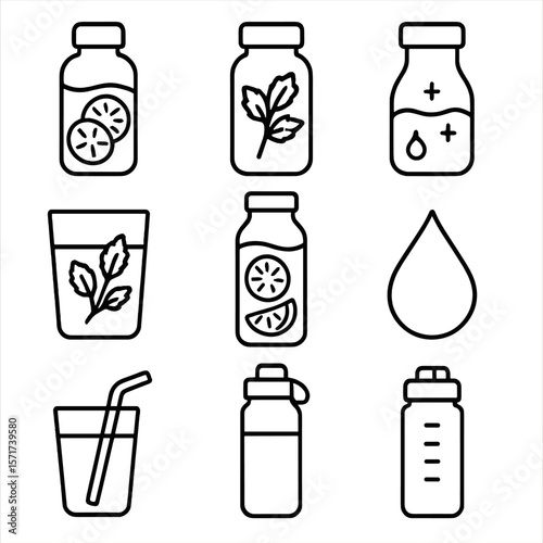 Infused Water Icons. Outline style icons of Water Infusion Silhouette: infused water bottle, cucumber and lemon mix, mint sprig in