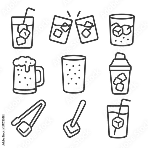 Iced Beverage Icons. Outline style icons of Iced Beverage Silhouette: iced latte glass, clinking iced drinks, glass with ice cubes