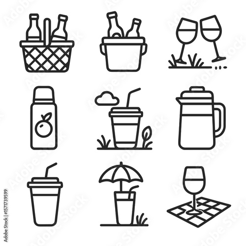 Picnic Outline Icons. Outline style icons of Picnic Drinks Silhouette: drinks in picnic basket, bottle cooler, glass clink on