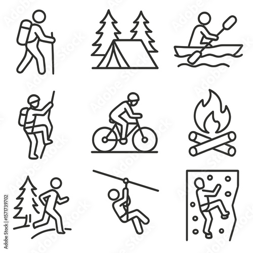 Outdoor Adventure Icons. Outline style icons of Outdoor Adventure Silhouette: hiker with backpack, tent under trees, person