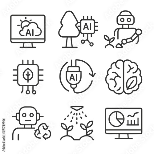 AI Eco Icons. Outline style icons of AI and Environment: AI for climate data, smart forest tracker, robot planting tree, pollution