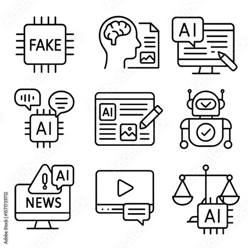 AI Journalism Icons. Outline style icons of AI in Journalism: fake news detection chip, content generation icon, AI editor screen,