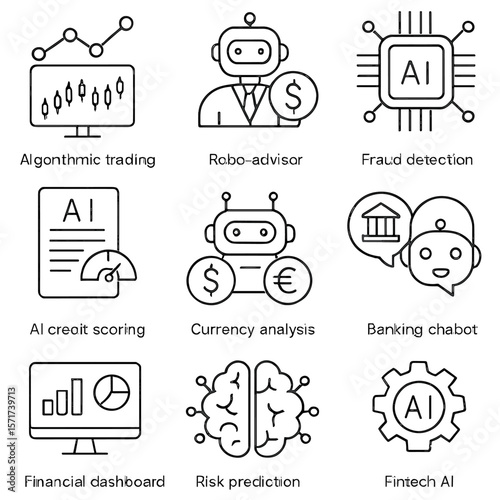 AI Finance Icons. Outline style icons of AI in Finance: algorithmic trading chart, robo-advisor, fraud detection AI, AI credit