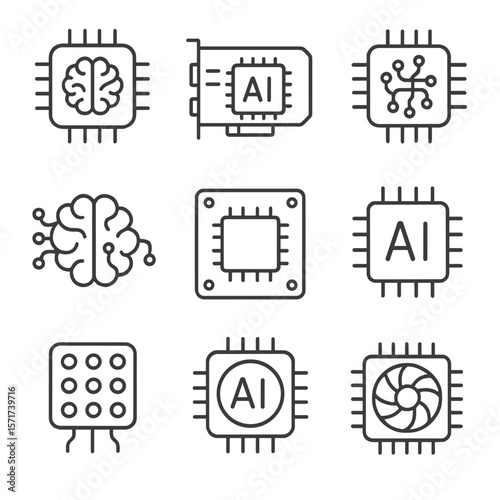 AI Chip Outlines. Outline style icons of AI Chips and Hardware: neural processing unit, AI GPU icon, quantum AI chip, circuit with
