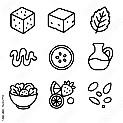 Summer Salad Ingredients. Outline style icons of Summer Salad: watermelon cube, feta cheese slice, mint leaf, balsamic drizzle,