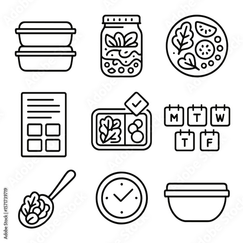 Meal Prep Icons. Outline style icons of Meal Prep Salads: stackable container, layered salad jar, labeled ingredients, meal plan