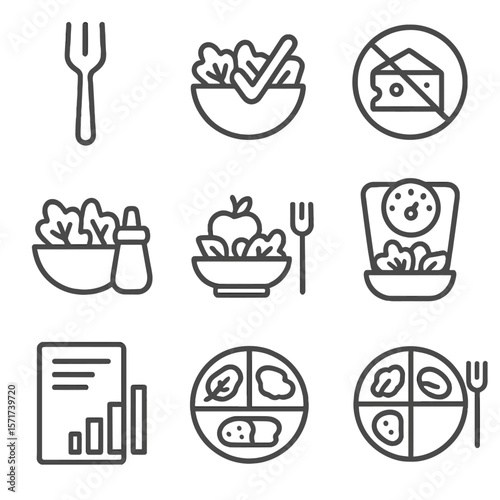 Low-Calorie Salad Icons. Outline style icons of Low-Calorie Salads: light fork icon, greens with checkmark, no cheese icon,