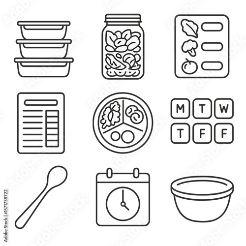 Meal Prep Icons. Outline style icons of Meal Prep Salads: stackable container, layered salad jar, labeled ingredients, meal plan