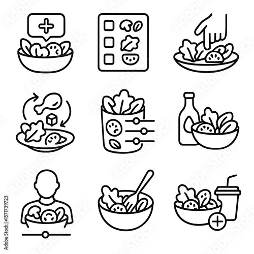 Salad Customization Icons. Outline style icons of Salad Customization: build-your-own icon, checkbox toppings, pick your base,