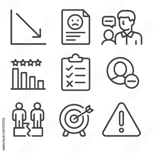 Performance Feedback Icons. Outline style icons of Performance Feedback: down arrow graph, poor performance report, manager