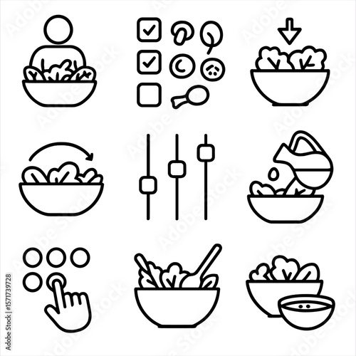 Salad Customization Icons. Outline style icons of Salad Customization: build-your-own icon, checkbox toppings, pick your base,