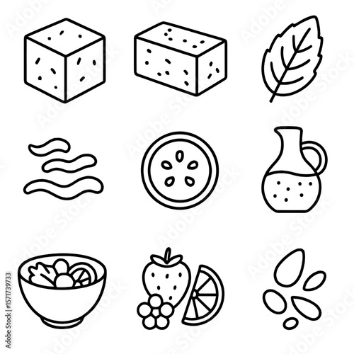 Summer Salad Ingredients. Outline style icons of Summer Salad: watermelon cube, feta cheese slice, mint leaf, balsamic drizzle,