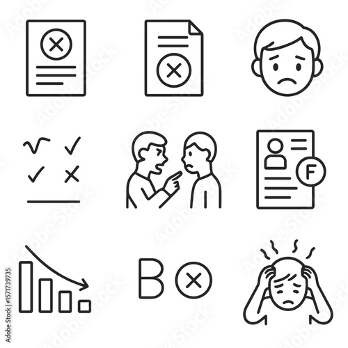 Education Critique Icons. Outline style icons of Criticism in Education: failed test icon, red X on paper, unhappy student face,