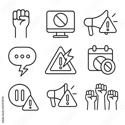 Disruption Icons Set. Outline style icons of Disruption and Complaint: protest hand, blocked service, alert horn icon, loud