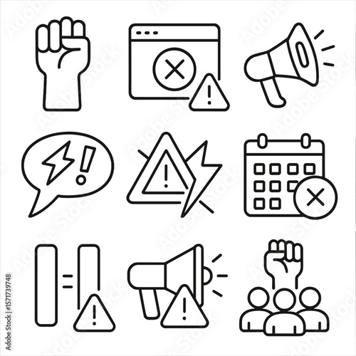 Disruption Icons Set. Outline style icons of Disruption and Complaint: protest hand, blocked service, alert horn icon, loud